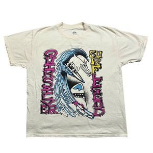 Quicksilver T-Shirt Mens Medium Ivory Surf Legend Dog Shark Short Sleeve Y2K